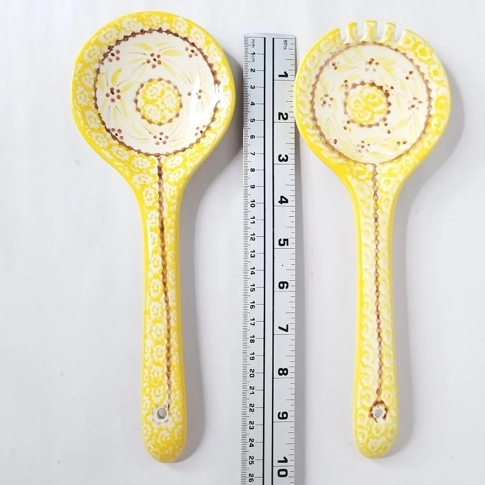 Temp-Tations by Tara Yellow Floral Ceramic Salad Serving Spoon and Fork
